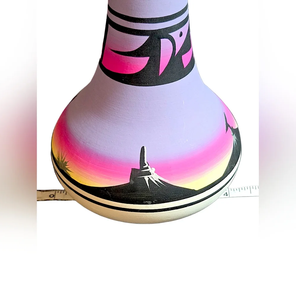Navaho Native American Hataly Signed Black &‎ Pastel Colored Vase 5.5